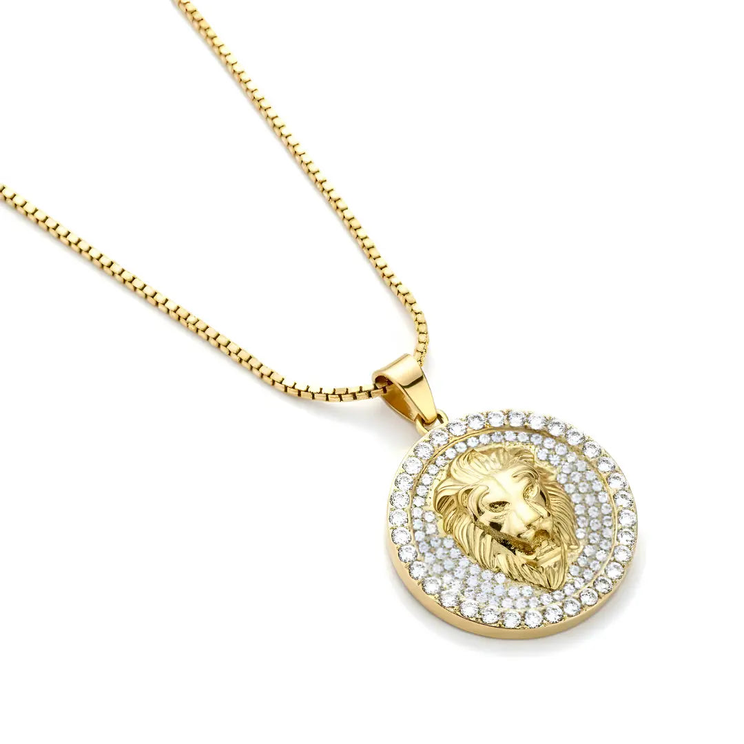 65CM x 3MM 18K Gold Filled Lion Head Medallion Pendant Necklace with Iced Crystal Halo &  Box Chain – Tarnish-Proof Statement Jewelry