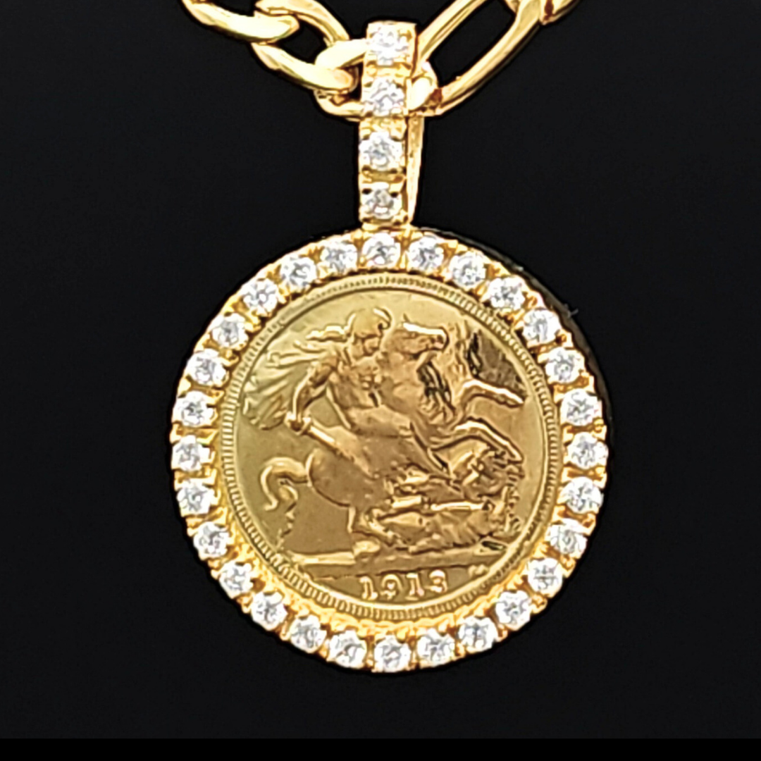 18K Gold Filled Full Sovereign Pendant Necklace 1913 with CZ