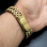 18K Gold Filled Crown Insignia ID Bar Franco Chain Bracelet – Embossed Crown & Logo Woven Mesh Bracelet for Men