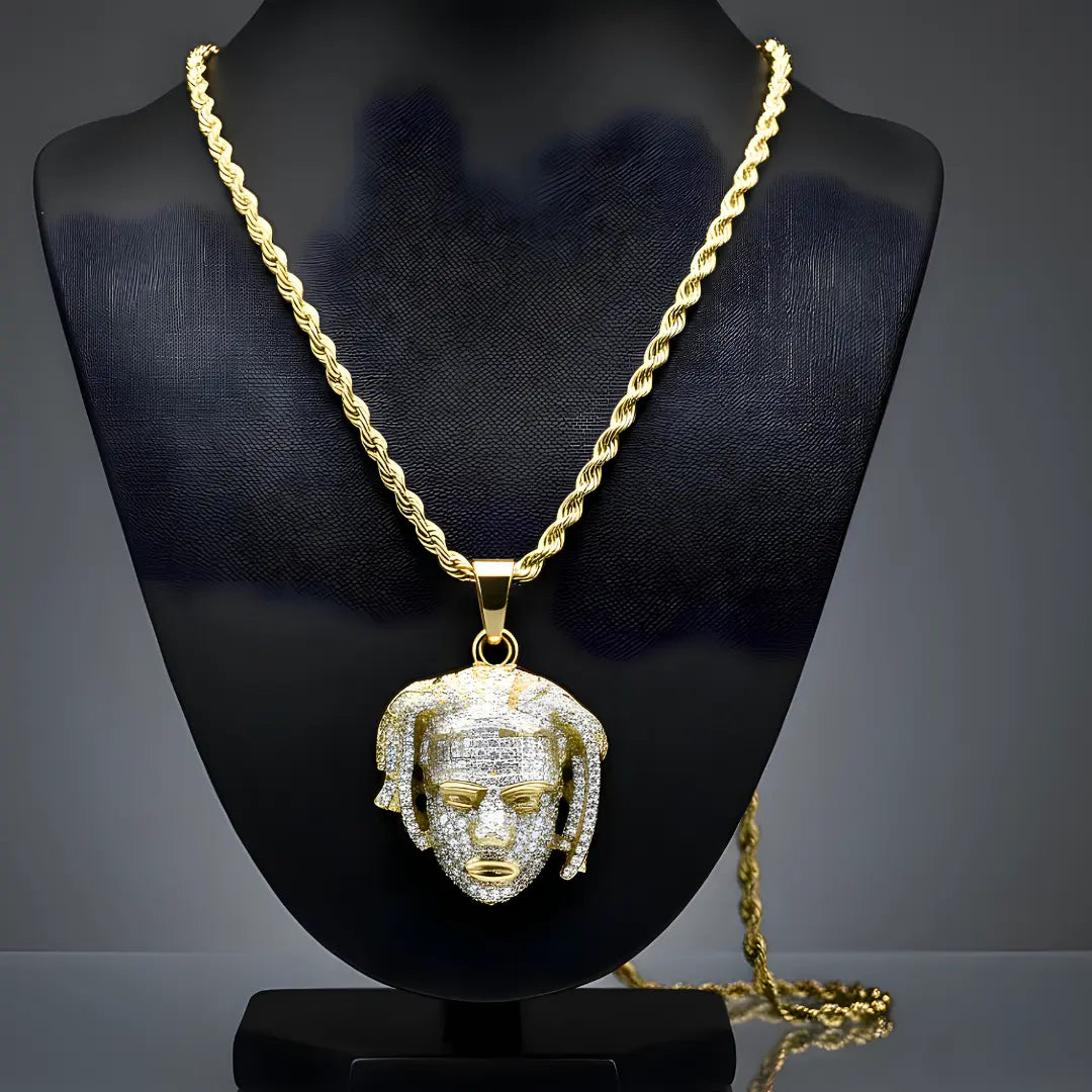 18K Gold Filled Iced Out Face Pendant Necklace with 64cm Rope Chain