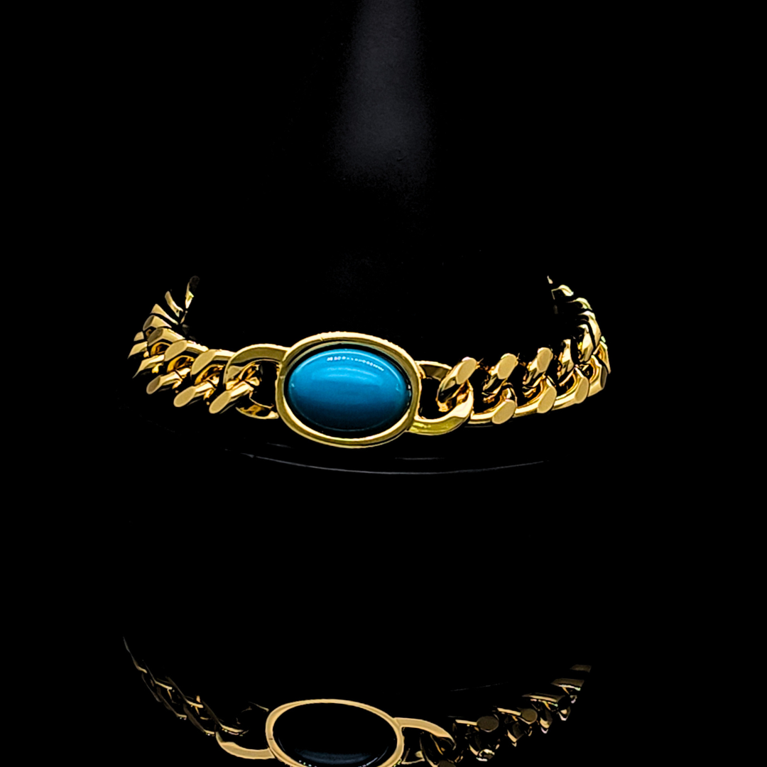 18K Gold Filled Curb Cuban Link Bracelet with Blue Stone