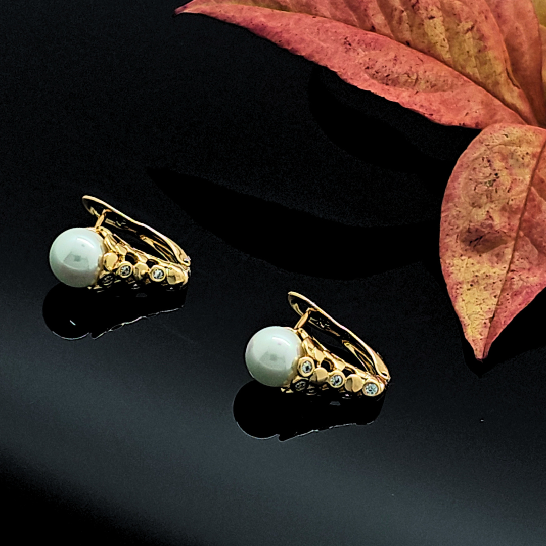 18K Gold Filled Huggie Earrings with Cubic Zirconia & Pearl