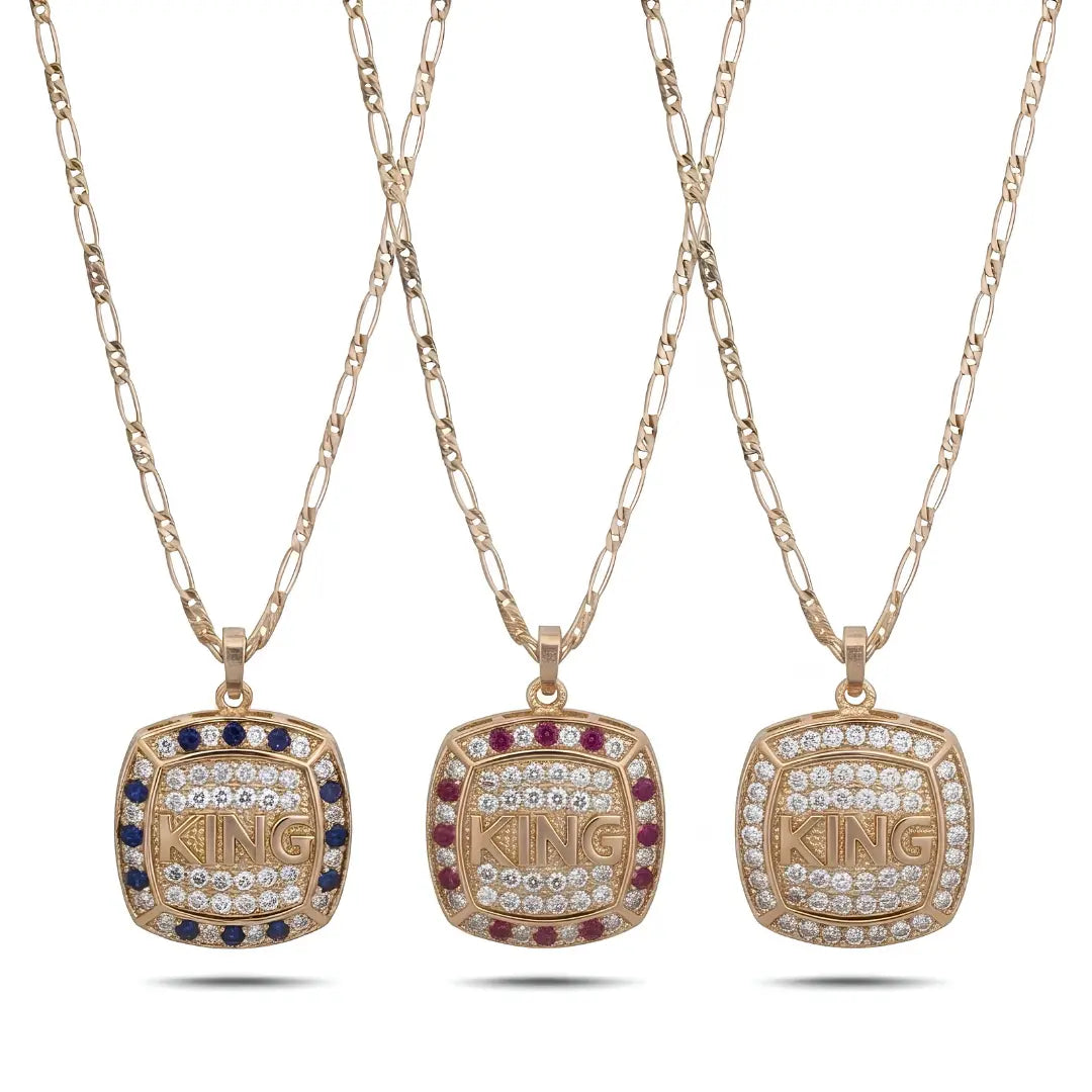 18K Gold Filled "KING" Inset Sovereign Pendant Necklace – 20mm x 20mm Chiseled Square Medallion with Deep Shadow Inset, Pavé Halo & 60cm+5cm Figaro Chain for Men