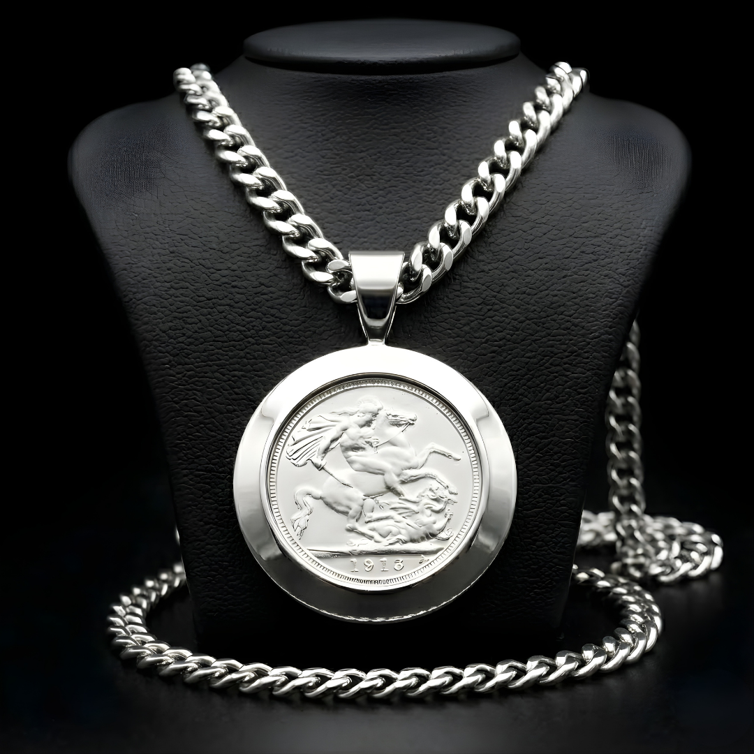Silver Rhodium Plated Full Sovereign Pendant Necklace 1913