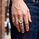 Silver Rhodium Plated Mythic Head Statement Ring – Sculpted High-Relief Figural Ring for Men