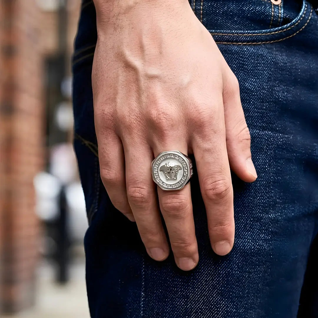 Silver Rhodium Plated Mythic Head Statement Ring – Sculpted High-Relief Figural Ring for Men