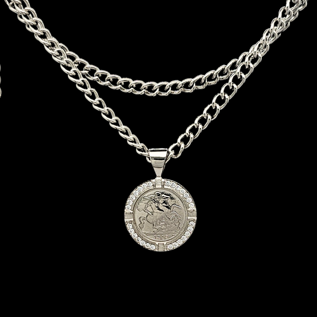 Silver  1913 Full Sovereign Pendant Necklace with CZ