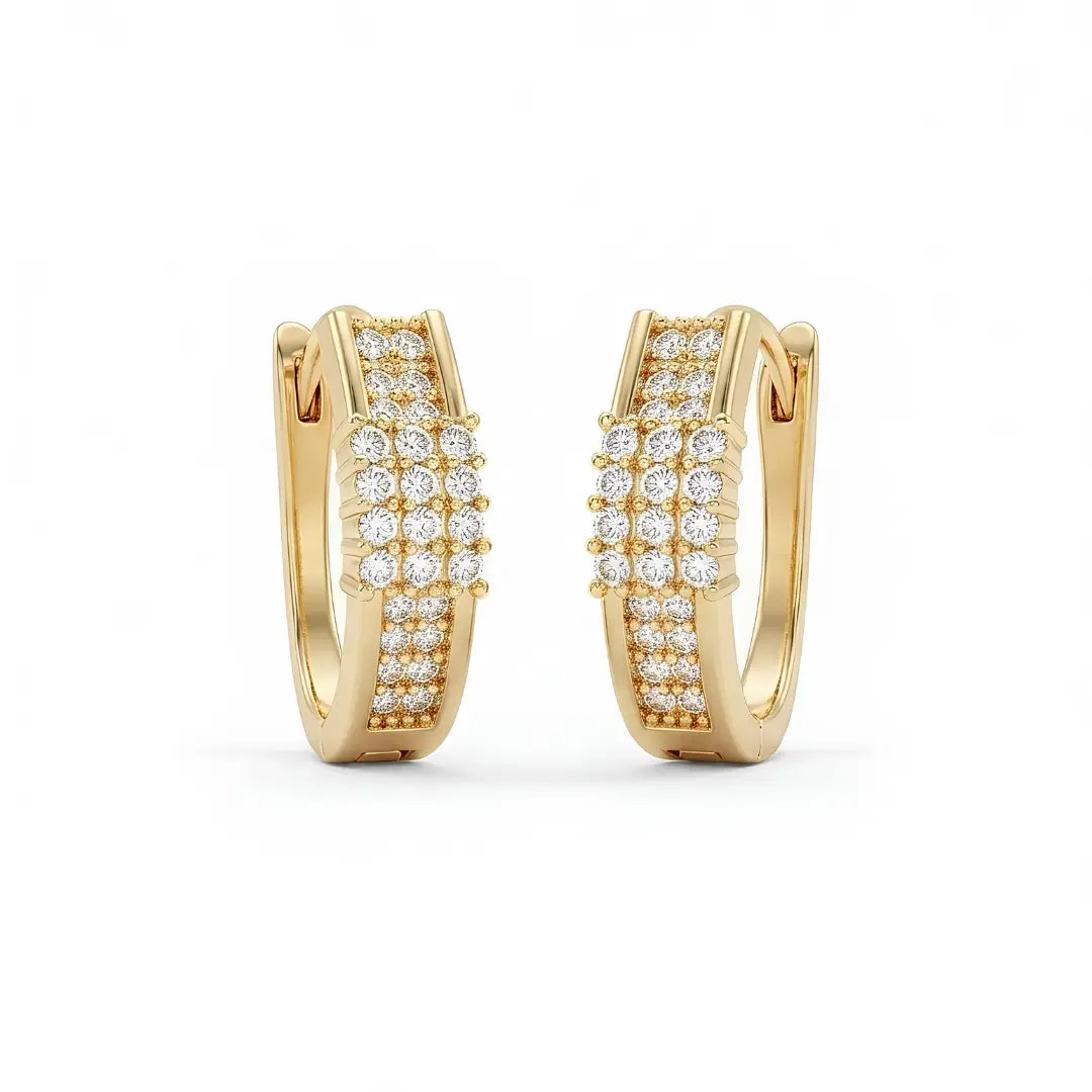 18K Gold Filled Reversible Triple-Row Pavé CZ Huggie Earrings – 18mm 2-in-1 Oval Hoop Earrings for Women