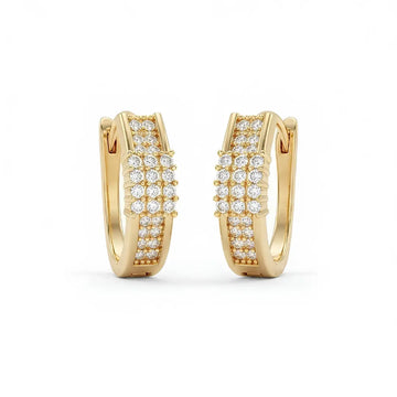 18K Gold Filled Reversible Triple-Row Pavé CZ Huggie Earrings – 18mm 2-in-1 Oval Hoop Earrings for Women