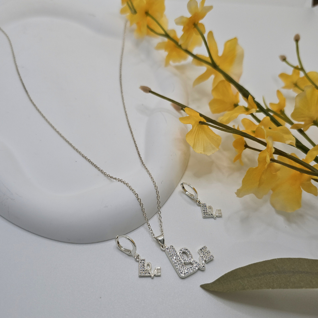 18K Rose Gold Filled LOVE Pendant Necklace With Earrings
