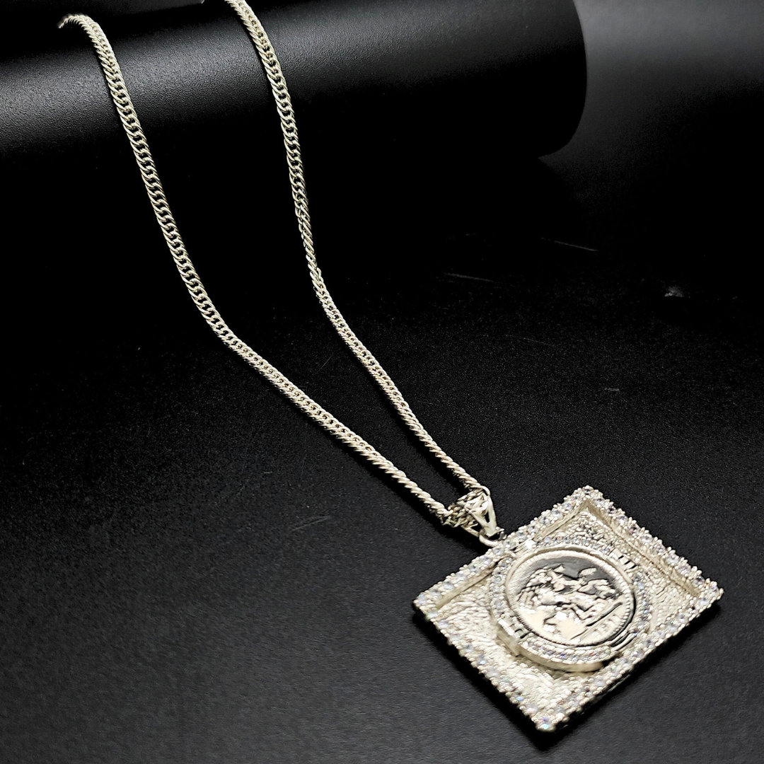 Silver Rhodium Plated Square Sovereign Pendant with CZ