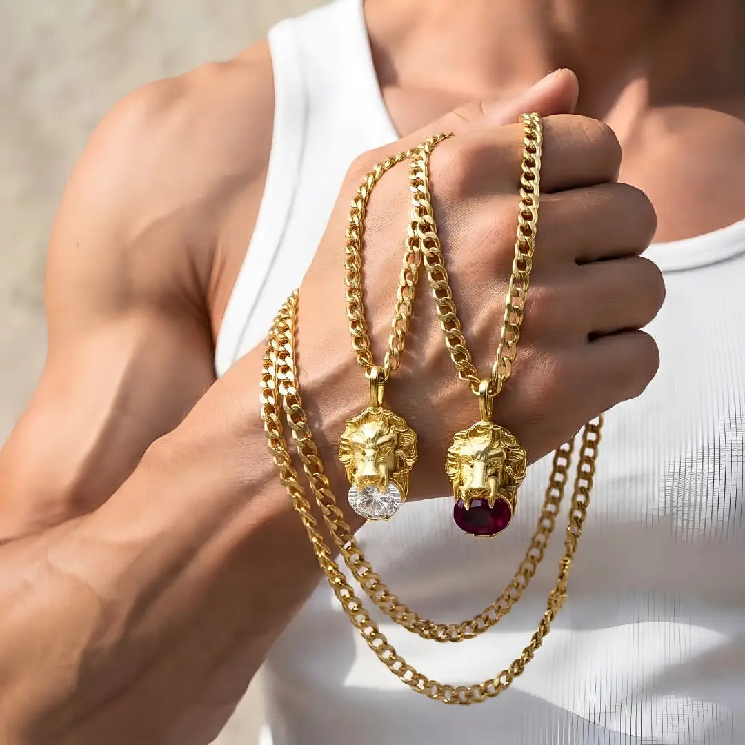18K Gold Filled Lion Head Necklace – Tarnish-Proof Cuban Link Chain with Ruby & Zirconia Pendant Options