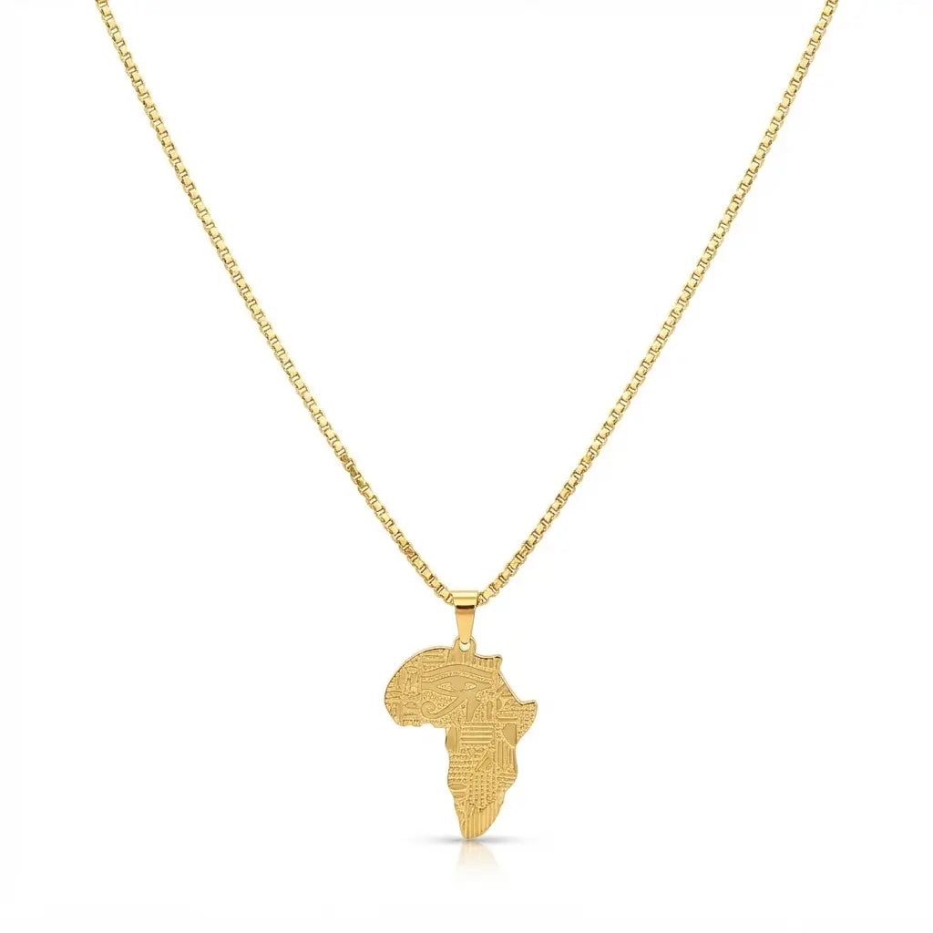 18K Gold Filled Africa Continent Pendant Necklace – 58cm Box Chain Engraved Statement Jewelry