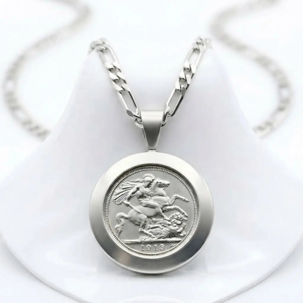 1913 Sovereign Coin Pendant Necklace in Silver Rhodium Plated Tarnish-Proof Finish with Figaro Chain