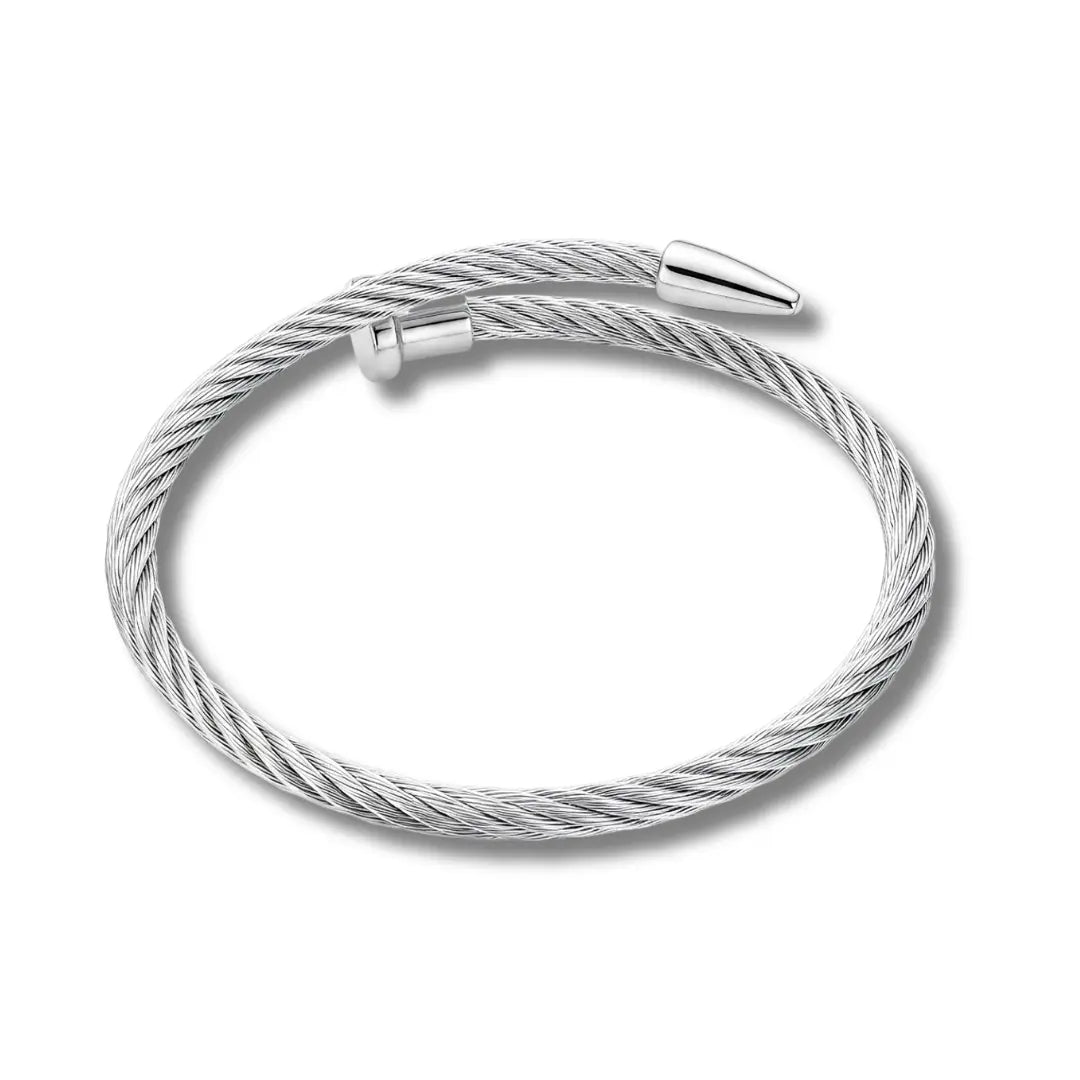 Cable Wire Cuff Bangle Bracelet with T-Bar & Conical Ends – Adjustable Tarnish-Resistant Modern Jewelry in Silver & Gold