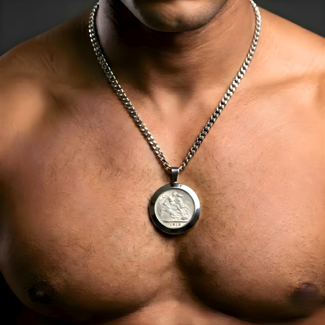 Silver Rhodium Plated Full Sovereign Pendant Necklace 1913