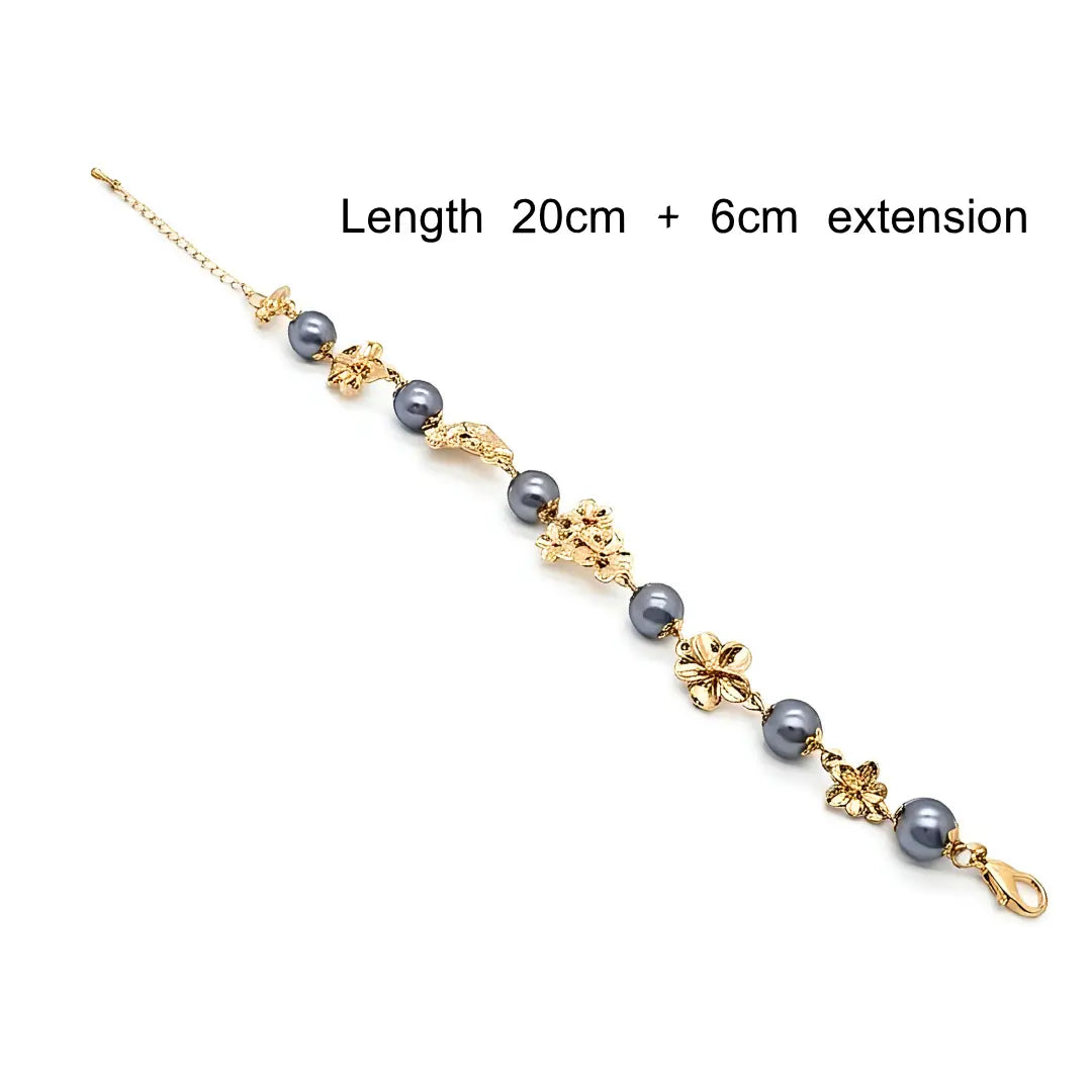 18K Gold Filled Grey Pearl & Plumeria Flower Bracelet – Tropical Hawaiian Floral Adjustable Charm Bracelet (20cm + 6cm) for Women