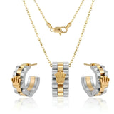 18K Gold Filled Two-Tone Crown Pendant Necklace & Hoop Earrings Set – 60cm Cable Chain & 18mm Matching Hoops for Women & Men