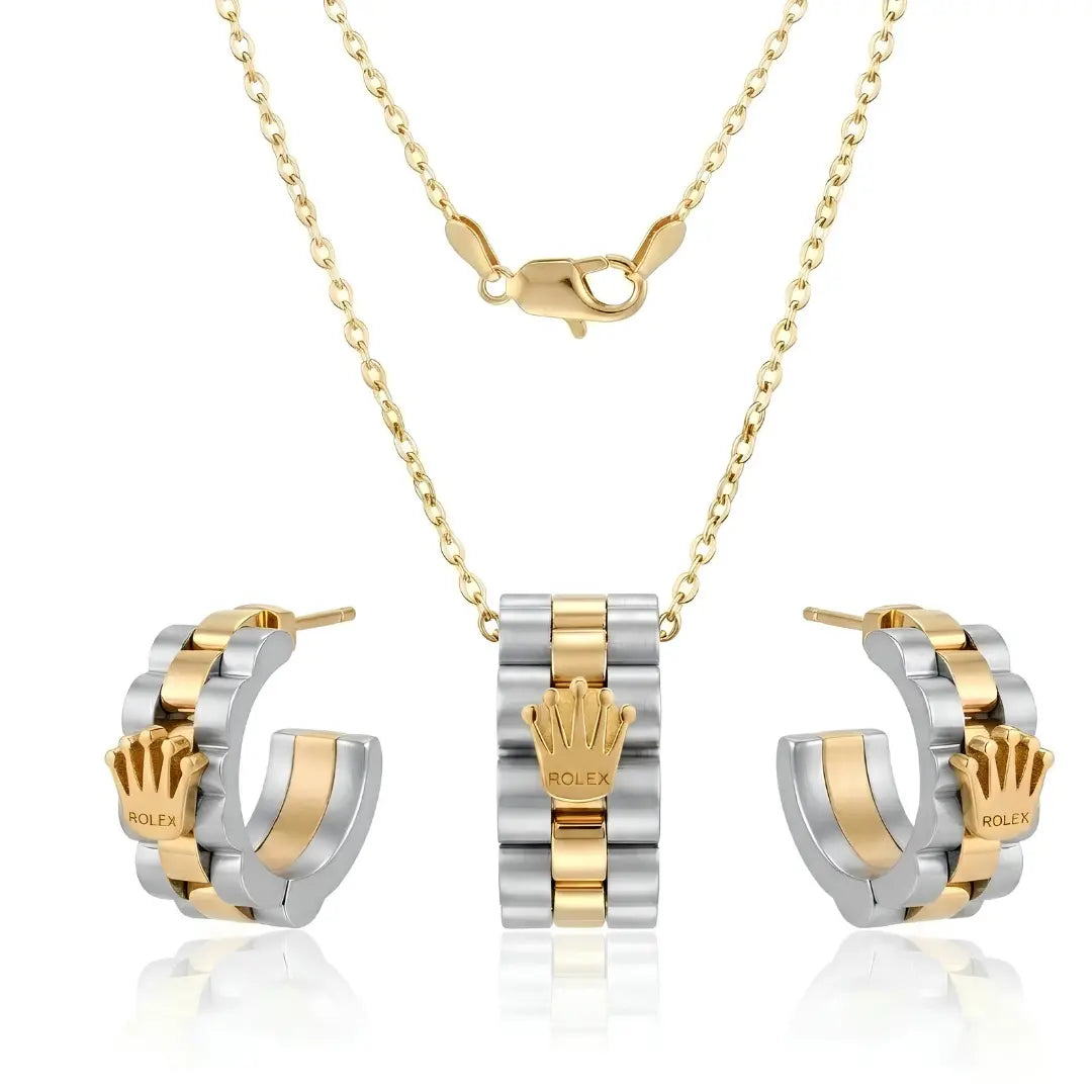 18K Gold Filled Two-Tone Crown Pendant Necklace & Hoop Earrings Set – 60cm Cable Chain & 18mm Matching Hoops for Women & Men