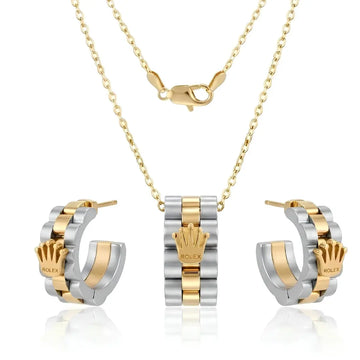 18K Gold Filled Two-Tone Crown Pendant Necklace & Hoop Earrings Set – 60cm Cable Chain & 18mm Matching Hoops for Women & Men