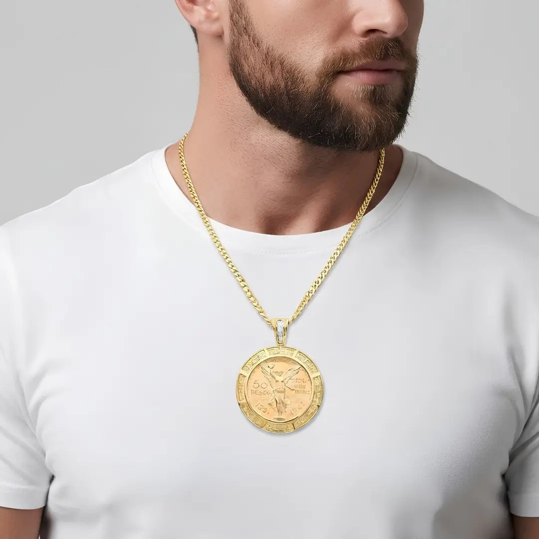 14K Gold Filled Mexican 50 Pesos Centenario Coin Pendant Necklace – 60cm 6mm Curb Chain Greek Key Medallion for Men & Women