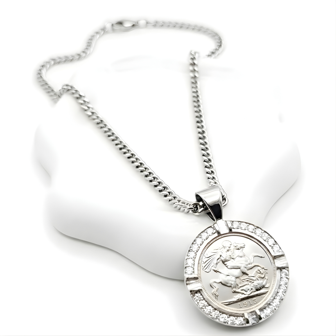 Silver  1913 Full Sovereign Pendant Necklace with Diamonds