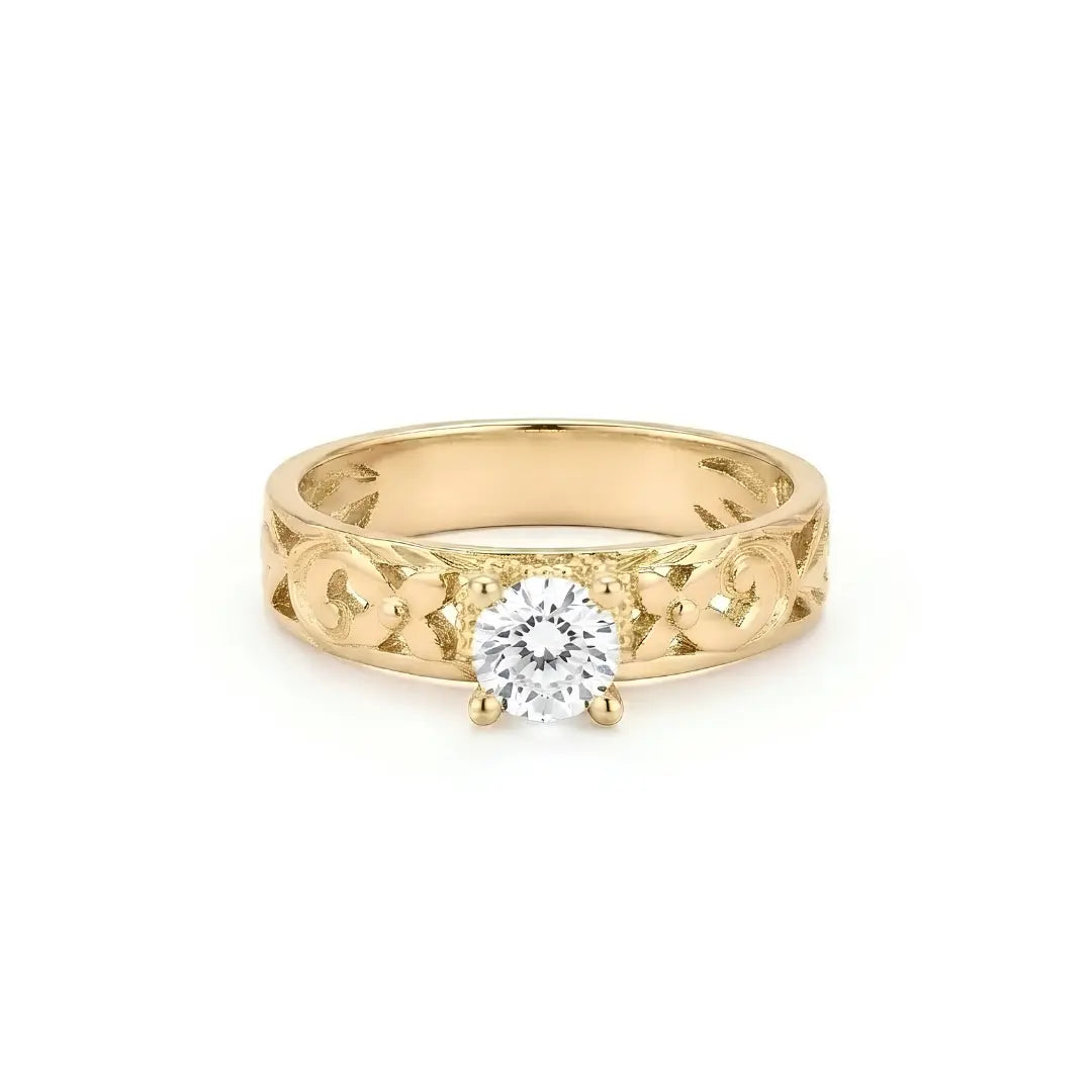 18K Gold Filled Heirloom Filigree Engagement Ring – Hawaiian Scroll CZ Solitaire Ring for Women