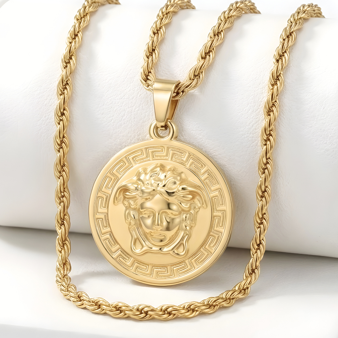 18K Gold Filled Iconic Greek Medusa Head Pendant Necklace – 25mm Medallion with Rope Chain