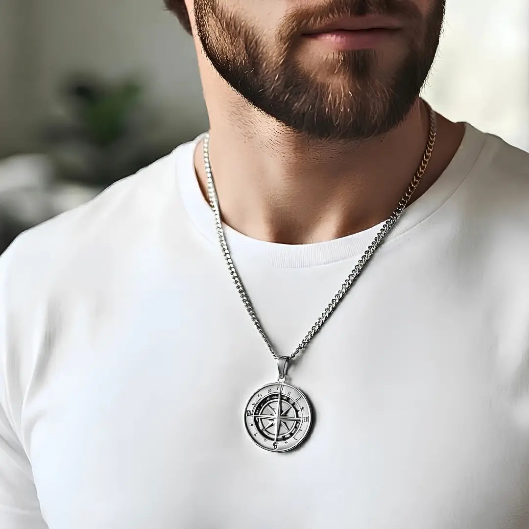 Silver Rhodium Plated Compass Coin Medallion Pendant Necklace – Nautical Star with Cardinal Direction Markers & 60cm x 3mm Cuban Link Chain for Men