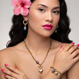 18K Gold Filled Hawaiian Jewelry Set - Heart Charm Toggle Necklace, Bracelet & Pearl Earrings