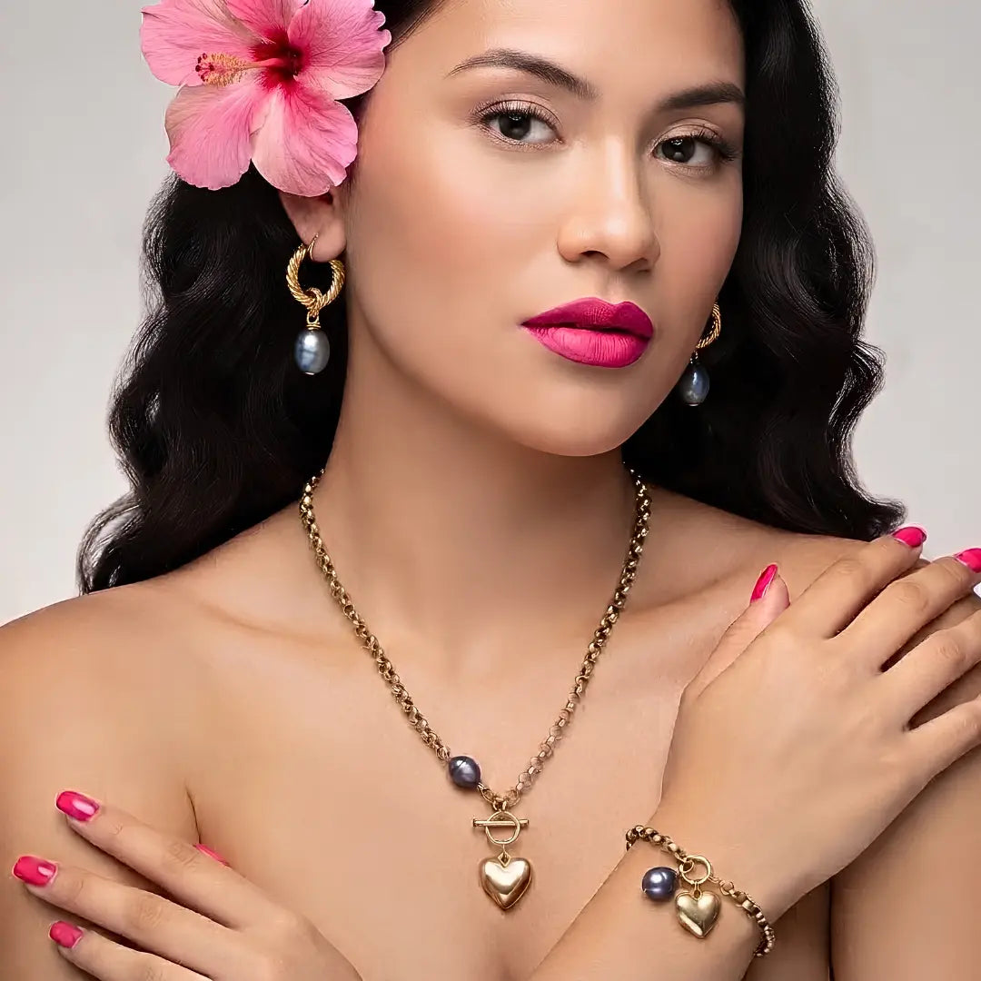 18K Gold Filled Pearl Heart 3-Piece Jewellery Set – 12mm Freshwater Baroque Pearls, Puffy Heart Charms & 6mm Belcher Chain (Necklace, Bracelet & Drop Earrings)