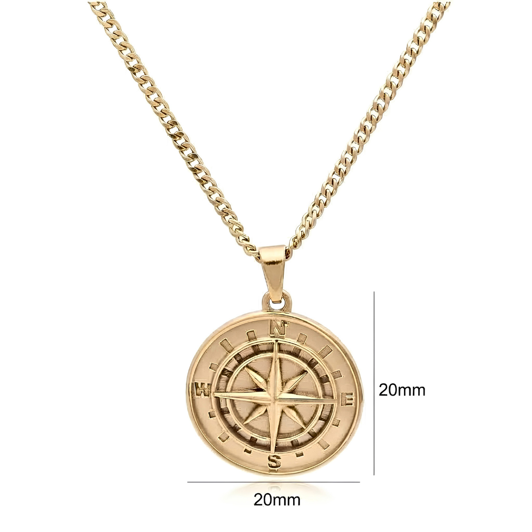 18K Gold Filled Compass Coin Medallion Pendant Necklace – Nautical Star with Cardinal Direction Markers & 60cm x 3mm Cuban Link Chain for Men