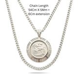 Handcrafted 1913 Saint George Full Sovereign Pendant Necklace with Diamond Bail & Greek Key Frame in Rhodium Silver