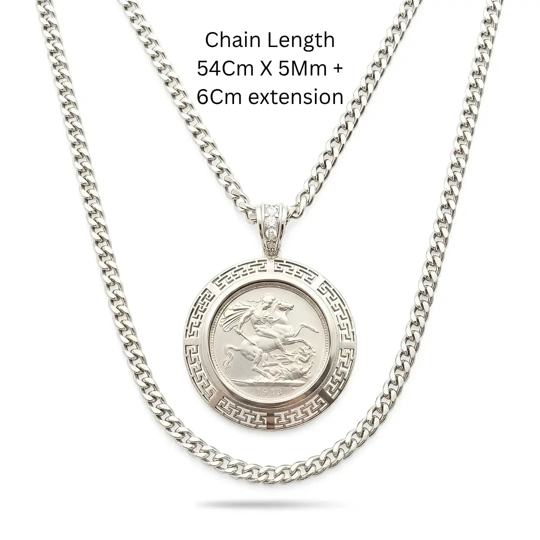 Handcrafted 1913 Saint George Full Sovereign Pendant Necklace with Diamond Bail & Greek Key Frame in Rhodium Silver