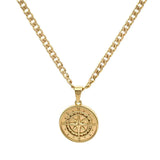 18K Gold Filled Compass Coin Medallion Pendant Necklace – Nautical Star with Cardinal Direction Markers & 60cm x 3mm Cuban Link Chain for Men
