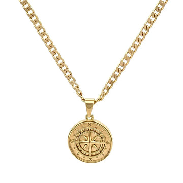 18K Gold Filled Compass Coin Medallion Pendant Necklace – Nautical Star with Cardinal Direction Markers & 60cm x 3mm Cuban Link Chain for Men