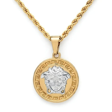 62CM x 5MM 18K Gold-Filled Two-Tone Medusa Medallion Pendant Necklace – Twisted Rope Chain Unisex Greek Key Statement Jewelry