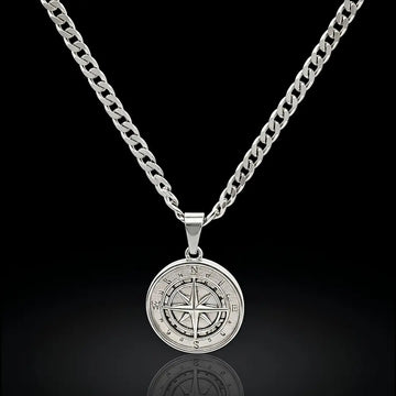 Silver Rhodium Plated Compass Coin Medallion Pendant Necklace – Nautical Star with Cardinal Direction Markers & 60cm x 3mm Cuban Link Chain for Men