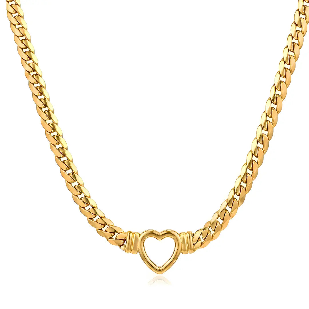 18K Gold Filled Heart Centerpiece Cuban Link Necklace | Tarnish-Proof Choker