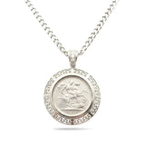 Handcrafted 1913 Saint George Full Sovereign Pendant Necklace with Diamond Bail & Greek Key Frame in Rhodium Silver