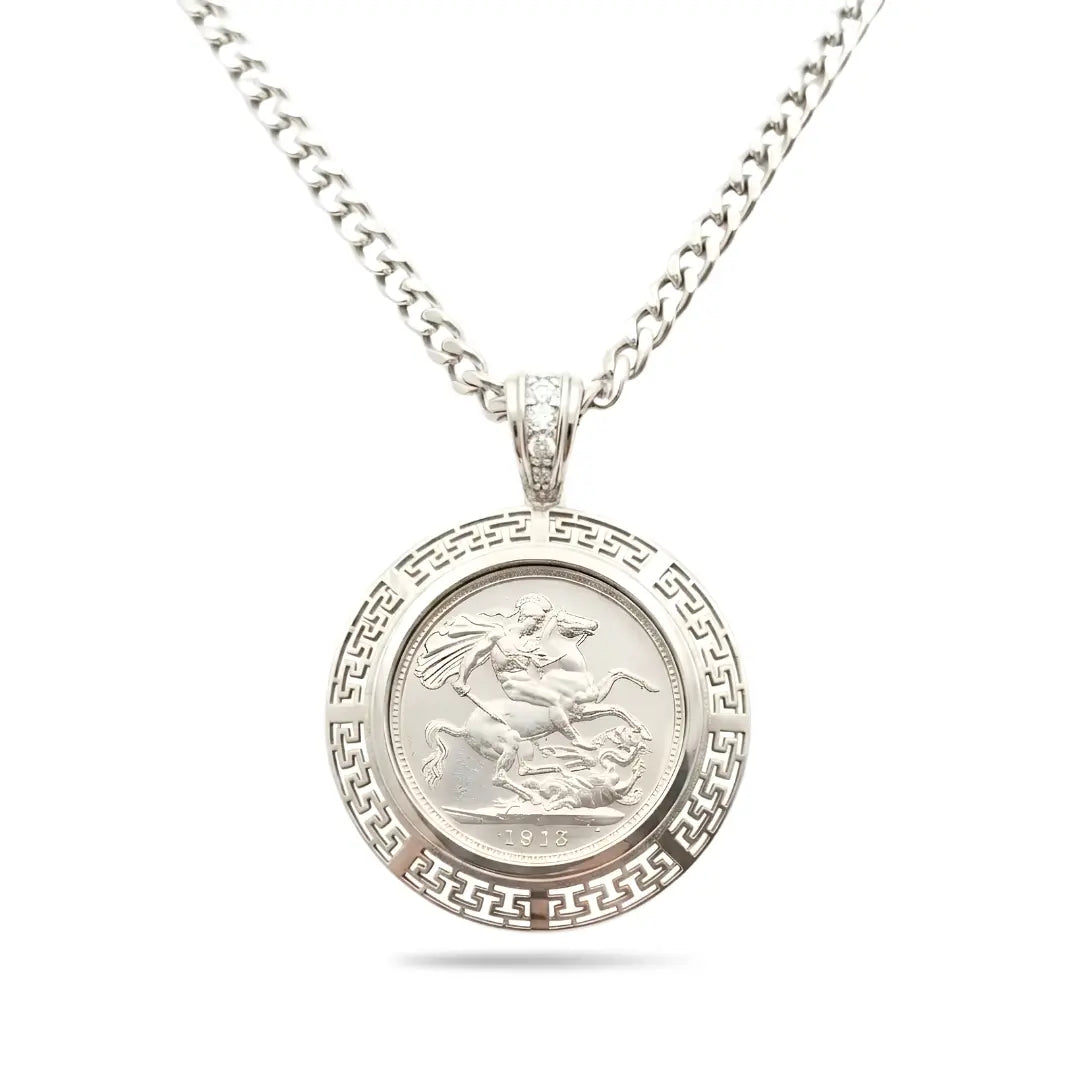 Handcrafted 1913 Saint George Full Sovereign Pendant Necklace with Diamond Bail & Greek Key Frame in Rhodium Silver