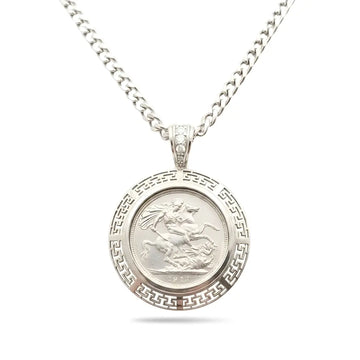 Handcrafted 1913 Saint George Full Sovereign Pendant Necklace with Diamond Bail & Greek Key Frame in Rhodium Silver