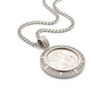 Handcrafted 1913 Saint George Full Sovereign Pendant Necklace with Diamond Bail & Greek Key Frame in Rhodium Silver