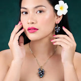 18K Gold Filled Baroque Pearl Set – Dark Iridescent Grape Cluster Pendant Necklace with 60cm Figaro Chain & Matching Drop Earrings