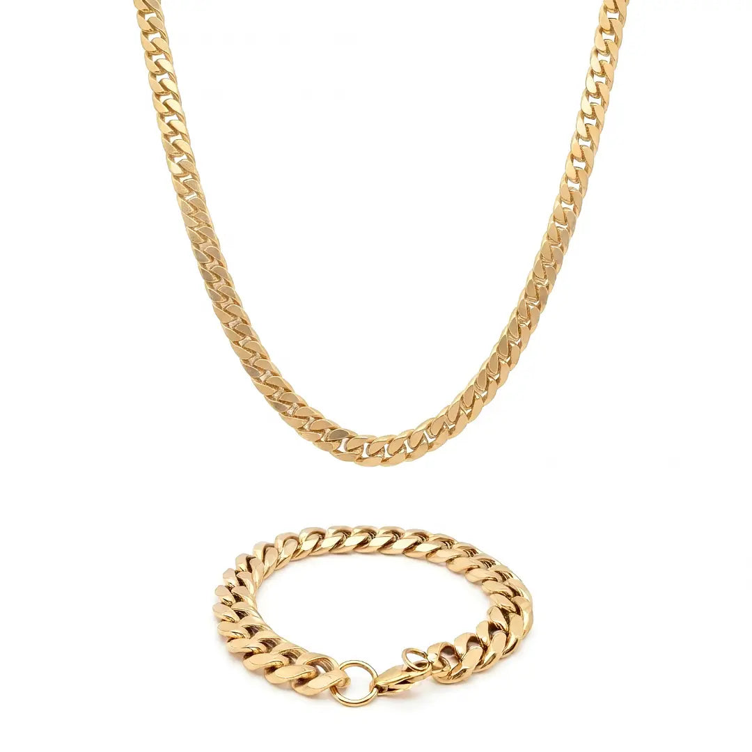 18K Gold Filled Heavy Cuban Link Chain & Bracelet 2-Piece Set – 12mm Flat-Beveled Curb Links (60cm Necklace & 23cm Bracelet) for Men