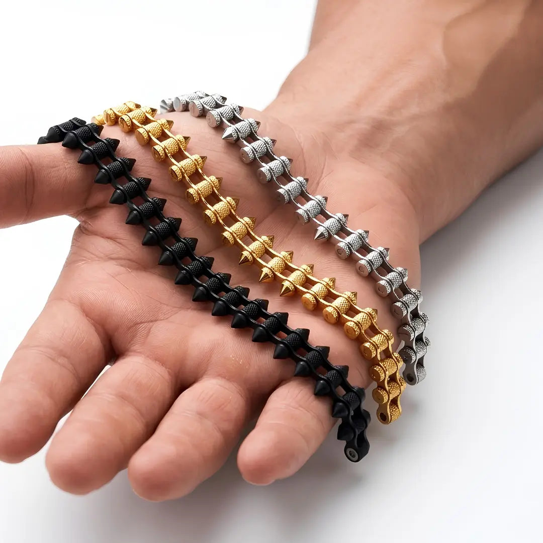 Geometric Spike Mesh Bracelet – 21cm 18mm Dual-Spike Link Punk Statement Cuff in Gold, Black & Silver for Men