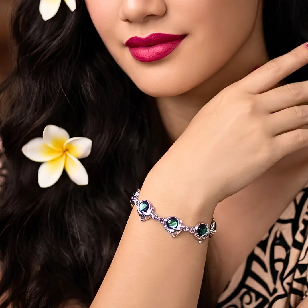 19CM Hawaiian Sterling Silver Abalone Dolphin Bracelet, Tarnish-Proof Ocean Jewelry