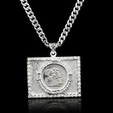 Custom 1911 Full Sovereign Coin Pendant Necklace with Cubic Zirconia and Curb Cuban Chain in Silver Rhodium Plated Stainless Steel