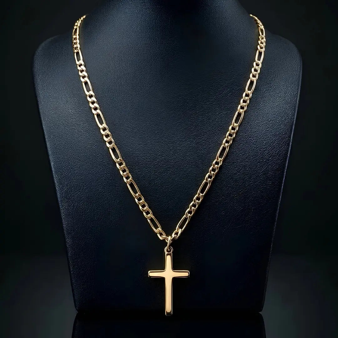60CM x 4MM 14K Gold Filled Figaro Chain Cross Necklace | Waterproof Tarnish Proof Crucifix Pendant for Men & Women