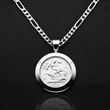 1913 Sovereign Coin Pendant Necklace in Silver Rhodium Plated Tarnish-Proof Finish with Figaro Chain